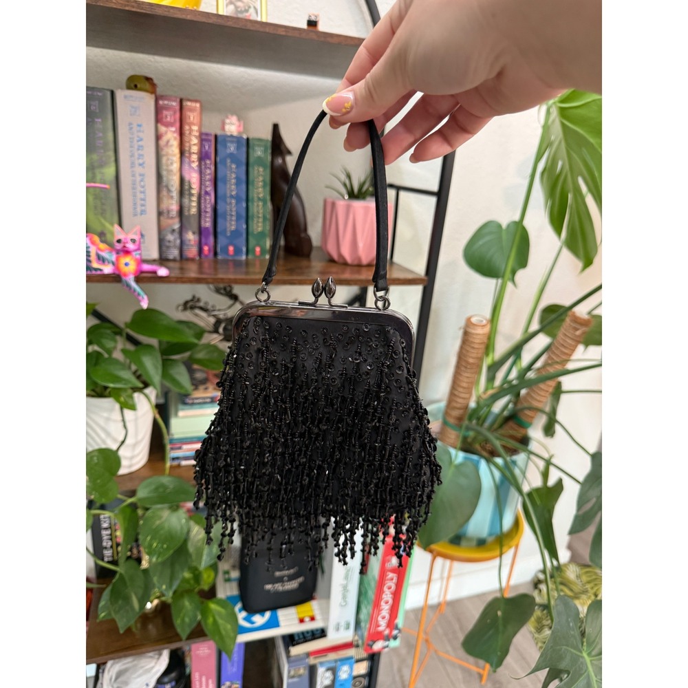 Nine West Black Beaded Sequin Fringe Mini Evening Bag Kiss Lock Satin Clutch